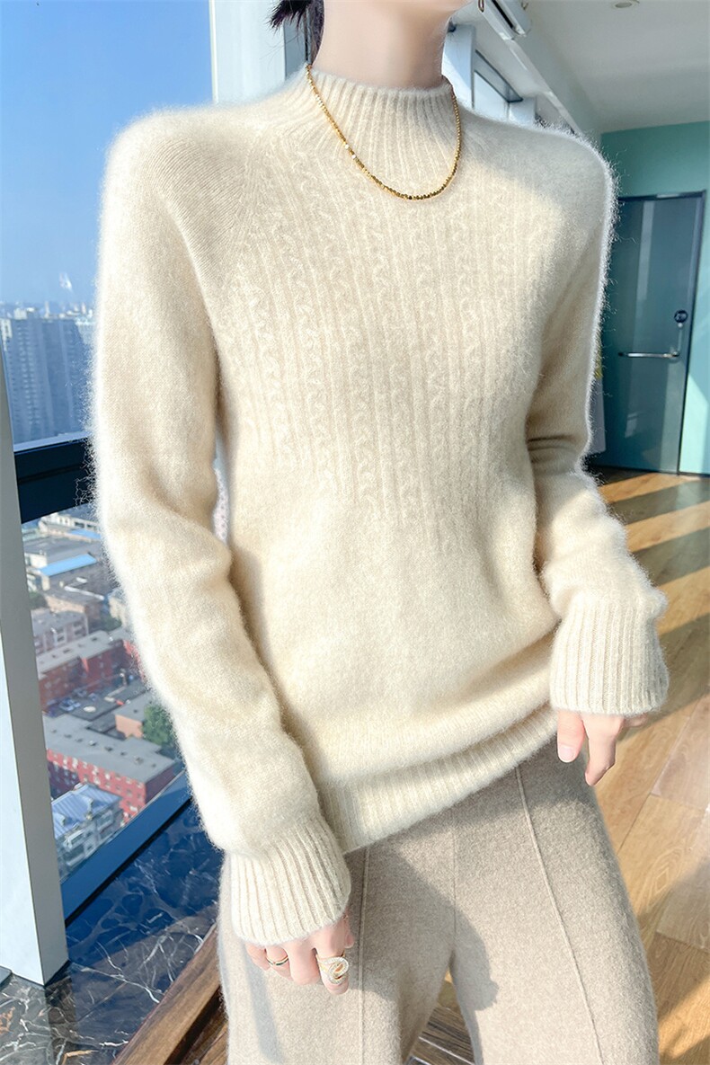 时尚优雅女士羊毛衫半高领扭花设计羊毛保暖舒适,女装羊毛衫,暮绒羊羊绒