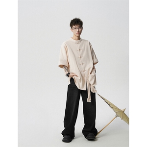 8XL-M 新中式衬衫男中山装麻棉风复古中袖衬衣唐装CS527P60图片