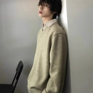美式复古慵懒老钱风假两件V领毛衣男秋冬季宽松高级感内搭针织衫图片