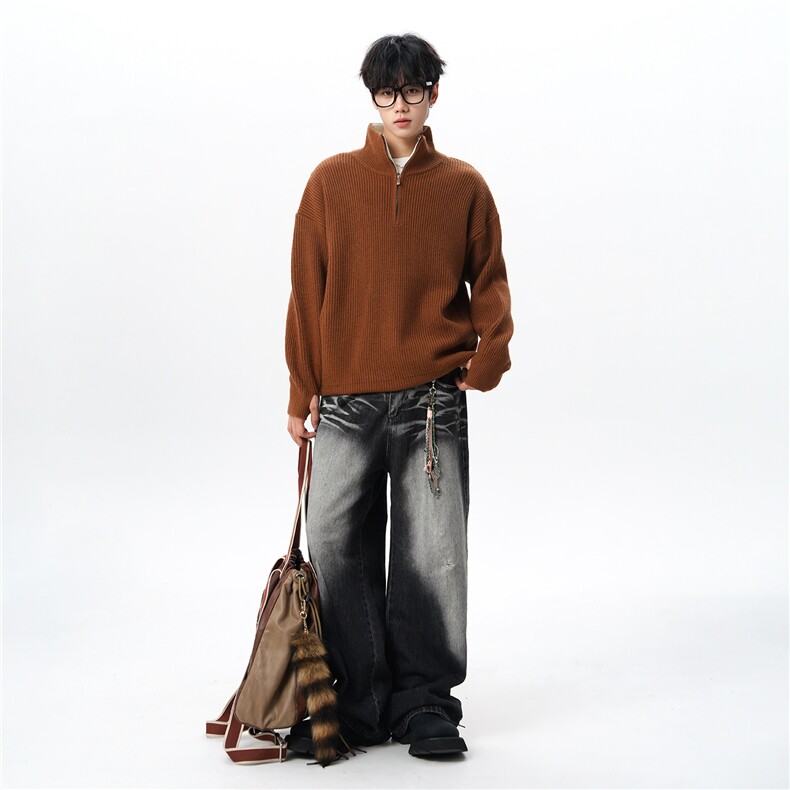 8XL-M立领半拉链毛衣男大码慵懒风宽松日系针织衫外套MY19002P78图片