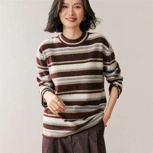 新款圆领条纹针织长袖套头上衣女,薄白色马甲搭配图片女图片
