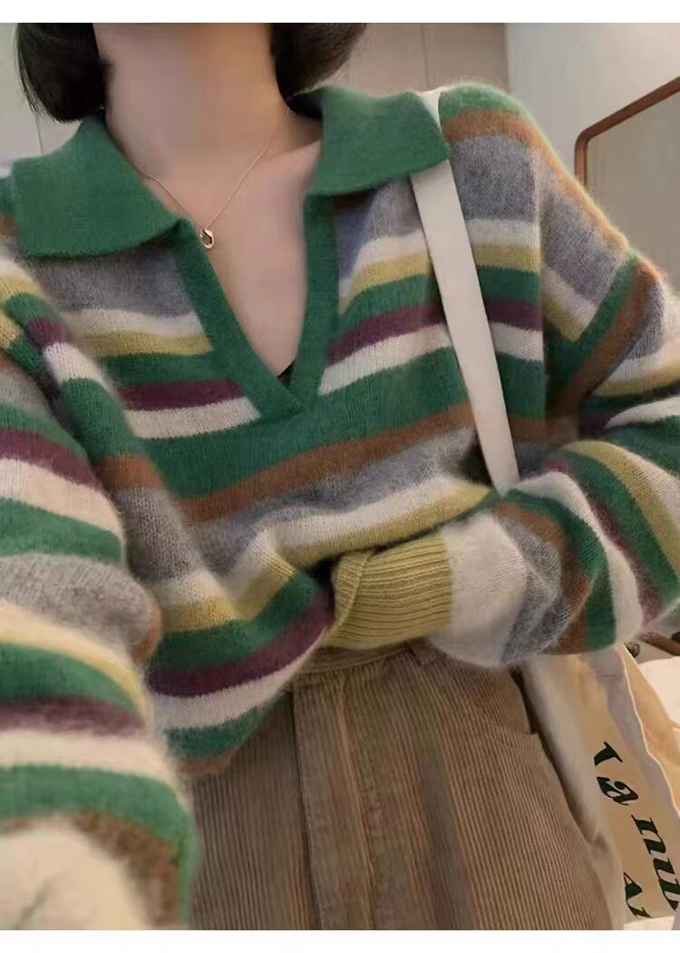 秋冬季新款舒适显瘦时尚百搭纯毛彩虹条纹针织衫,女装羊毛衫,恒恩羊绒