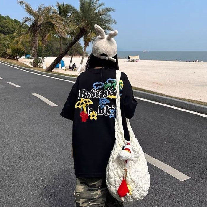 H0828-P35前后毛巾绣+印花+订标休闲宽松男女同款短袖T恤，女装T恤，星座617A-2