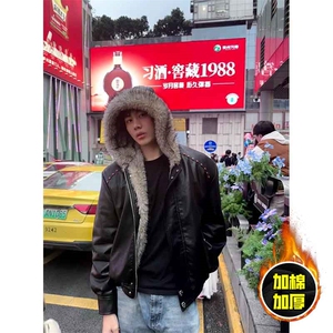 现货冬季美式潮牌痞帅PU皮机车服棉衣毛毛绒狼王座山雕皮棉服图片