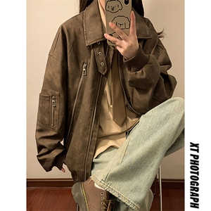 1中性扎染做旧面料双拉链大口袋情侣皮衣女夹克男JK77867P90控148图片