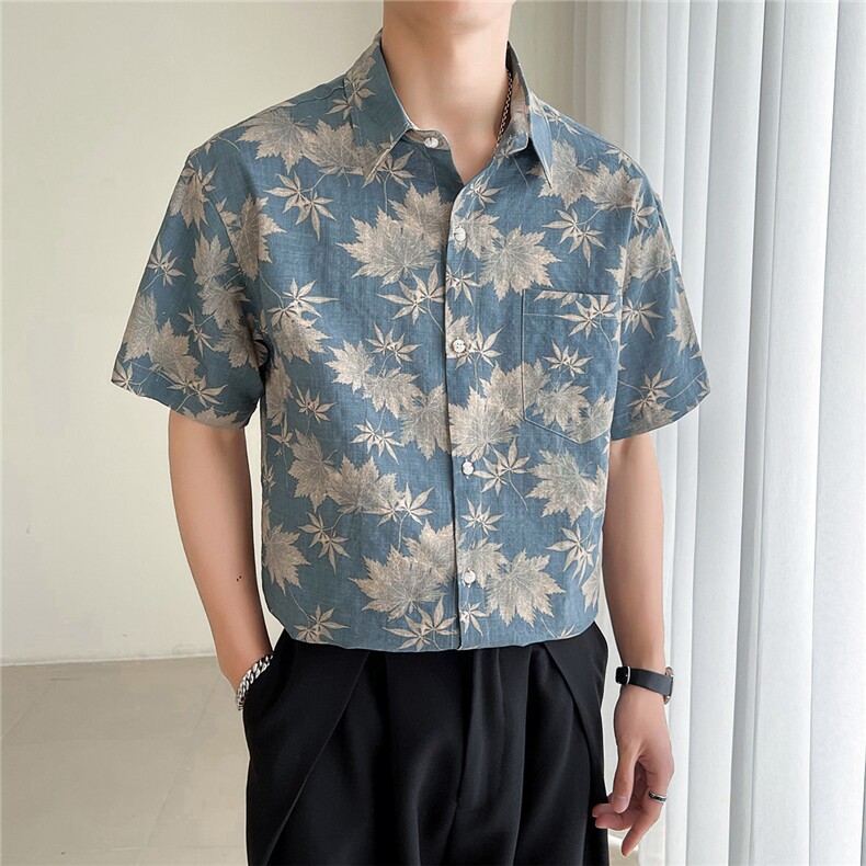 23轻熟风树叶花短袖衬衫男装宽松衬衣TZ98P5078,男装T恤,电商B413