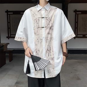 新中式衬衫男2024夏季新款宽松百搭金属扣图案印花设计感潮流上衣图片