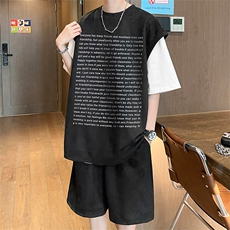 直播美式麂皮绒宽松背心无袖t恤短裤大码两件套套装TZ26-P58，男装T恤，电商A486