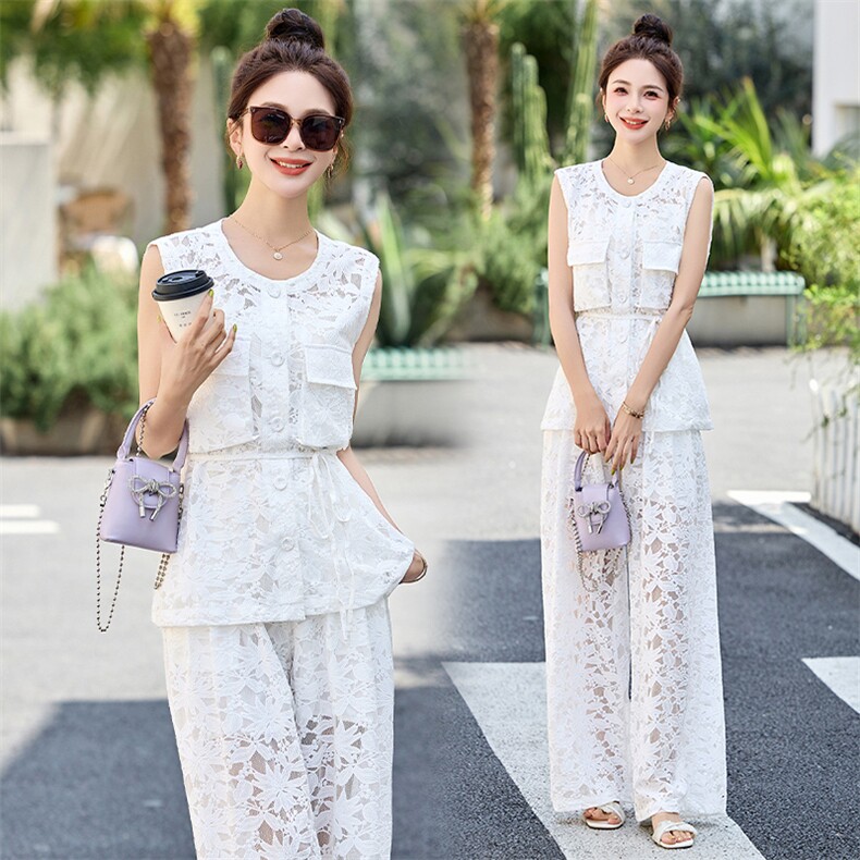 2025夏日穿搭一整套气质高级感超好看蕾丝镂空阔腿裤长裤两件套，女装套装/套裙，妙形