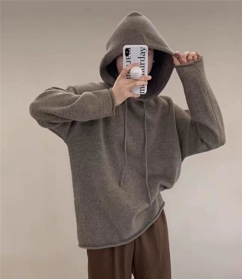 秋季羊绒衫女连帽卫衣套头带帽宽松帽衫纯色羊毛针织衫打底衫韩版图片