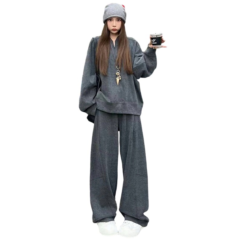 高级感时尚减龄纯色套装女秋季新款宽松显瘦圆领卫衣阔腿裤两件套,女装套装/套裙,2C310