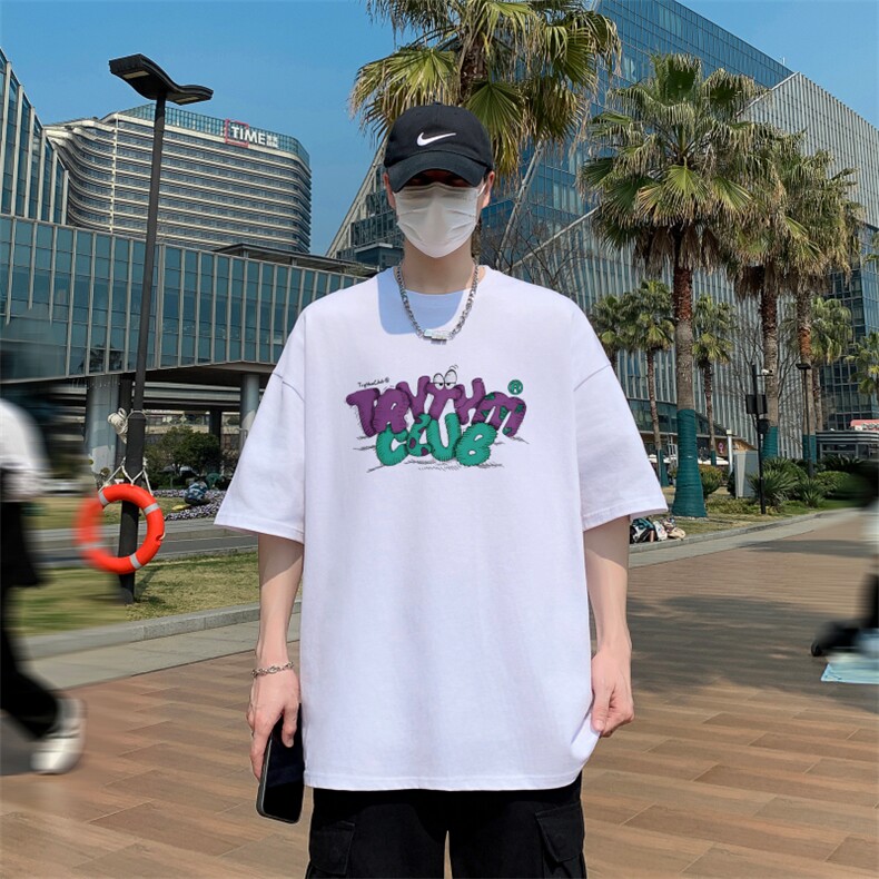 港风宽松纯棉休闲落肩时尚重磅230克圆领短袖T恤男-T703-P20,男装T恤,星座310B