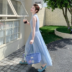 蓝色无袖背心连衣裙女夏2025新款法式超好看气质绝美海边度假长裙，女装连衣裙，2C129