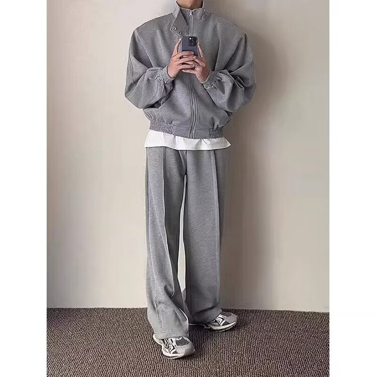 灰色立领垫肩开衫卫衣外套男早秋运动休闲套装宽松卫裤两件套潮流图片