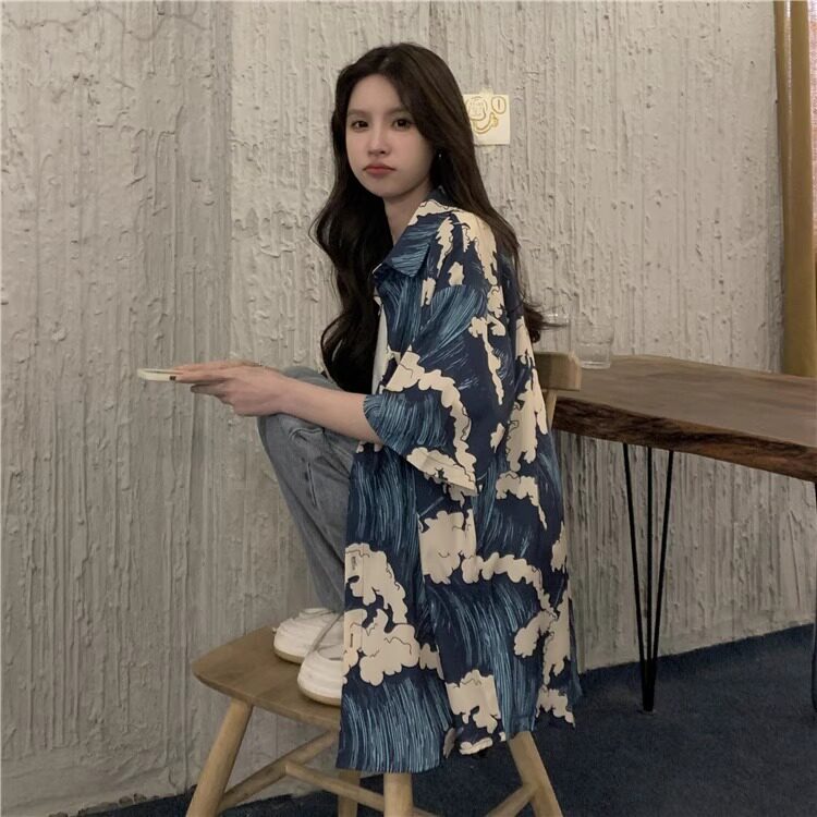 复古港味宽松印花短袖衬衫女夏季ins潮流沙滩衬衣百搭休闲上衣服,男装T恤,星座506A