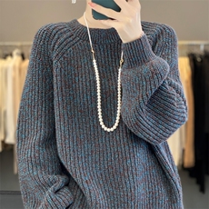 秋冬新款衫女圆领加厚宽松毛衣纯色百搭针织羊毛打底衫，女装针织衫/毛衣，雪真羊绒