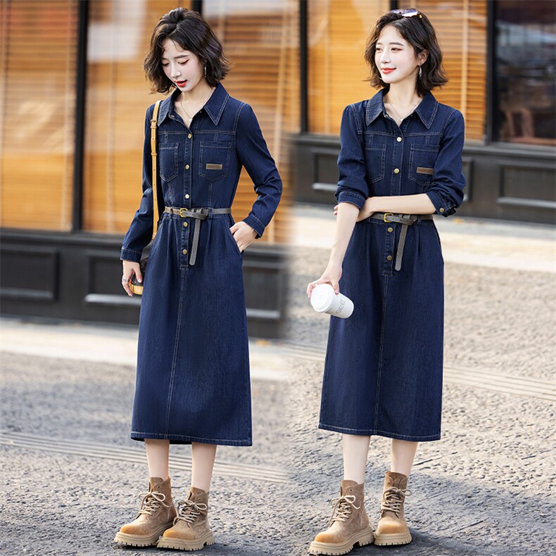 欧货时尚牛仔连衣裙女2024春秋新款高端独特炸街洋气减龄衬衫长裙,女装连衣裙,E百度