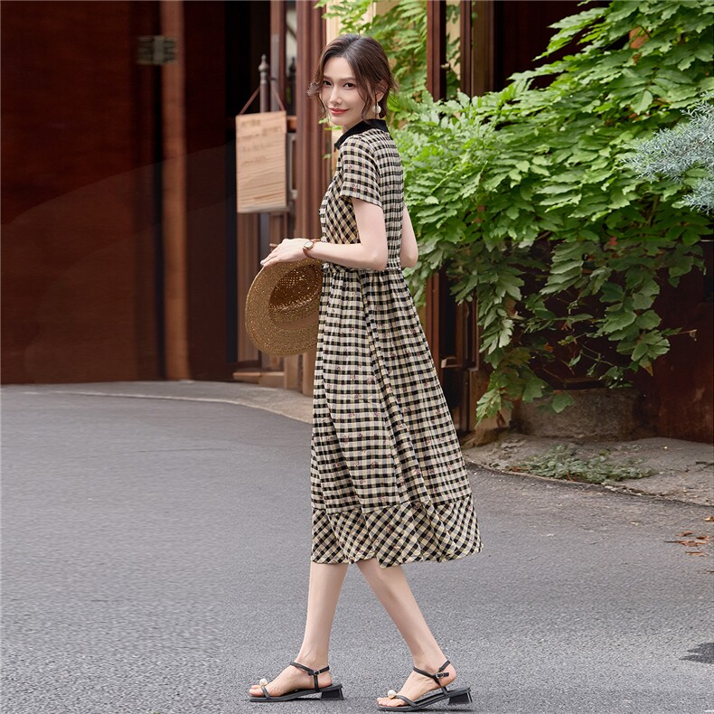 弹力面料学院风格纹连衣裙女春夏收腰显瘦中长裙格子裙子,女装连衣裙,水衣源