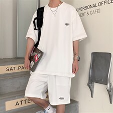 TZ65556/P40华夫格夏季宽松贴标套装男T恤短裤两件套大码港风控78，男装休闲套装，电商A141