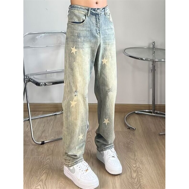 黄泥ins高街牛仔裤印花星星水洗宽松直筒长裤显瘦百搭NG01,男装牛仔裤,星座1116A（原606A-3）