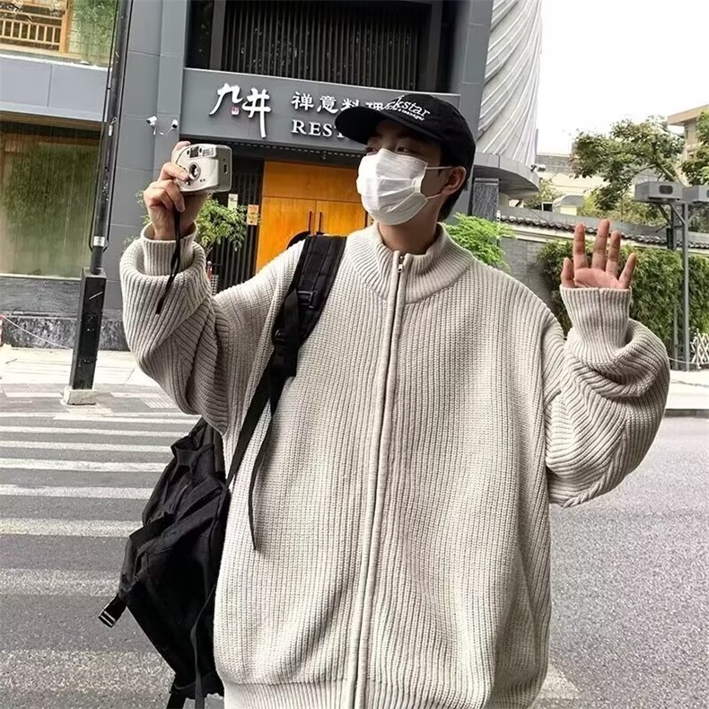 高街纯色开衫毛衣男秋宽松慵懒风简约港风立领针织衫外套2402/P55,男装针织衫/毛衣,星座506