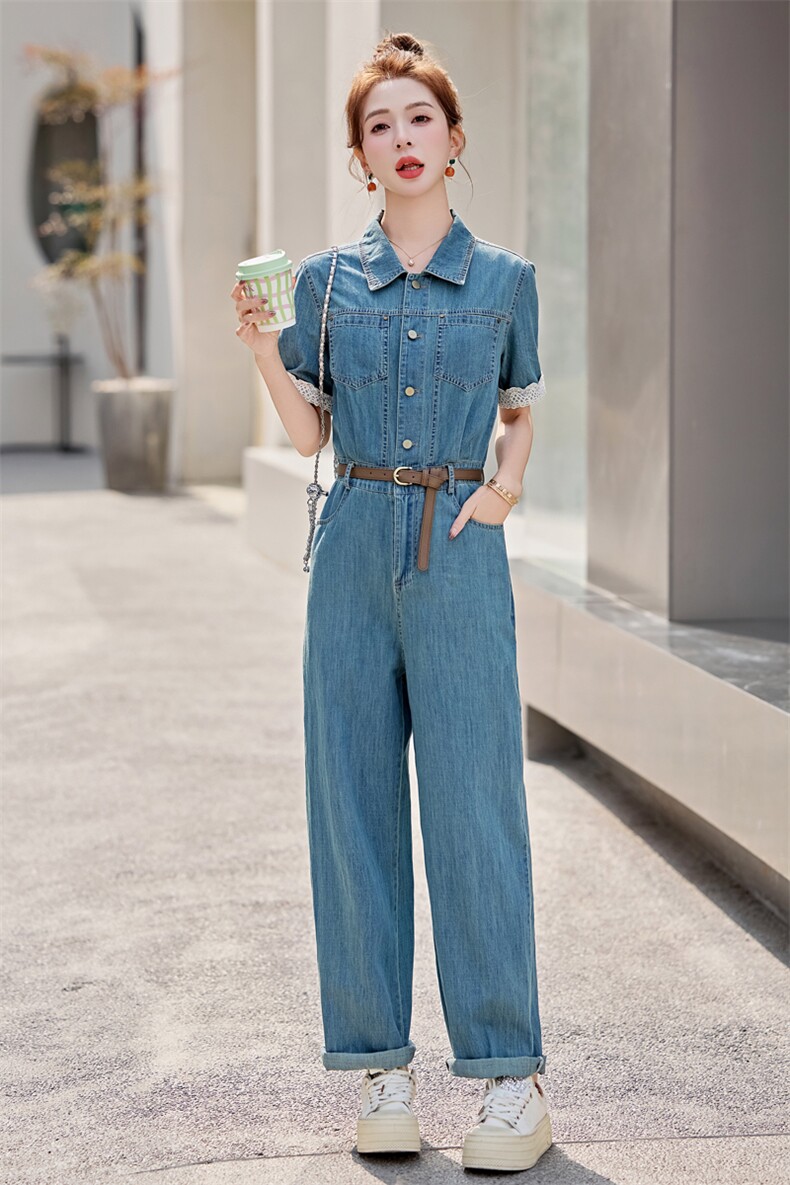 欧货薄款牛仔连体裤女2025夏新款时尚炸街显瘦蕾丝拼接直筒连衣裤,女装连体裤,意芙