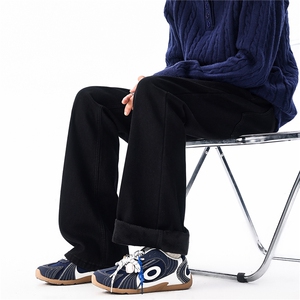 水洗做旧微喇牛仔裤男高个子美式高街加长加绒加厚直筒裤KZ091图片