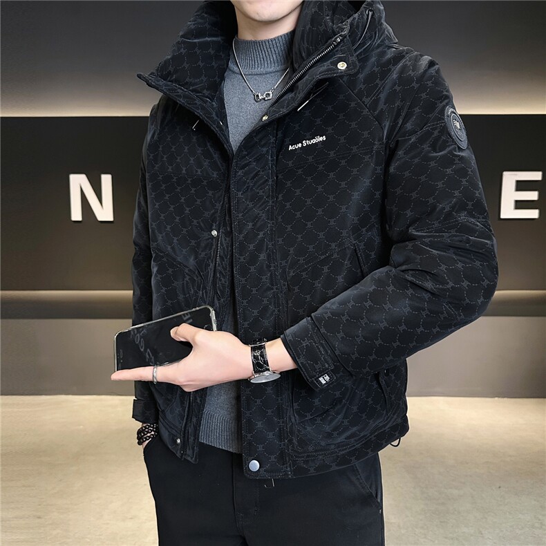 68828-M-4XL-P225-标50店主风男士休闲满印印花连帽皮质羽绒服,男装羽绒服,电商B255