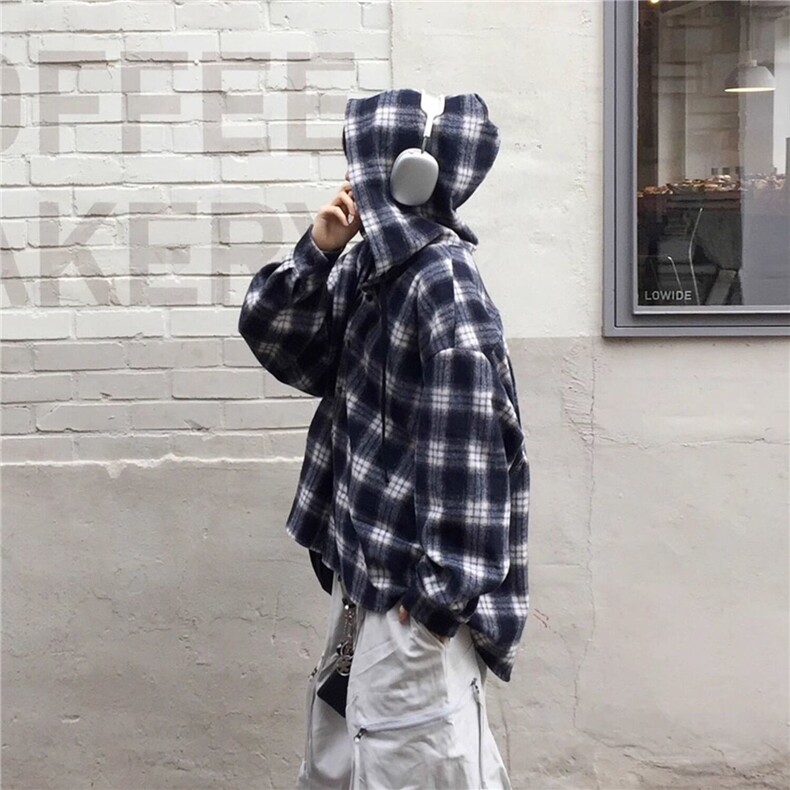 C144-P36磨毛连帽黑色格子衬衫男士春秋季韩版弧形下摆,男装衬衫,电商B323A