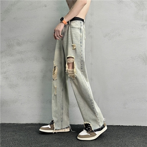 k1019-p50-控78 M-5XL 现货oversize cleanfit显瘦黄泥牛仔裤破洞图片