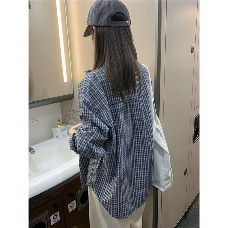 美拉德复古格子撞色长袖衬衫女2025年早春新款设计感小众宽松外套,男装衬衫,星座1210-1