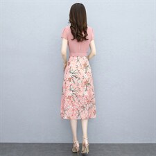 2025夏季碎花雪纺收腰假两件连衣裙女气质拼接裙子温柔长裙，女装连衣裙，牡丹诺