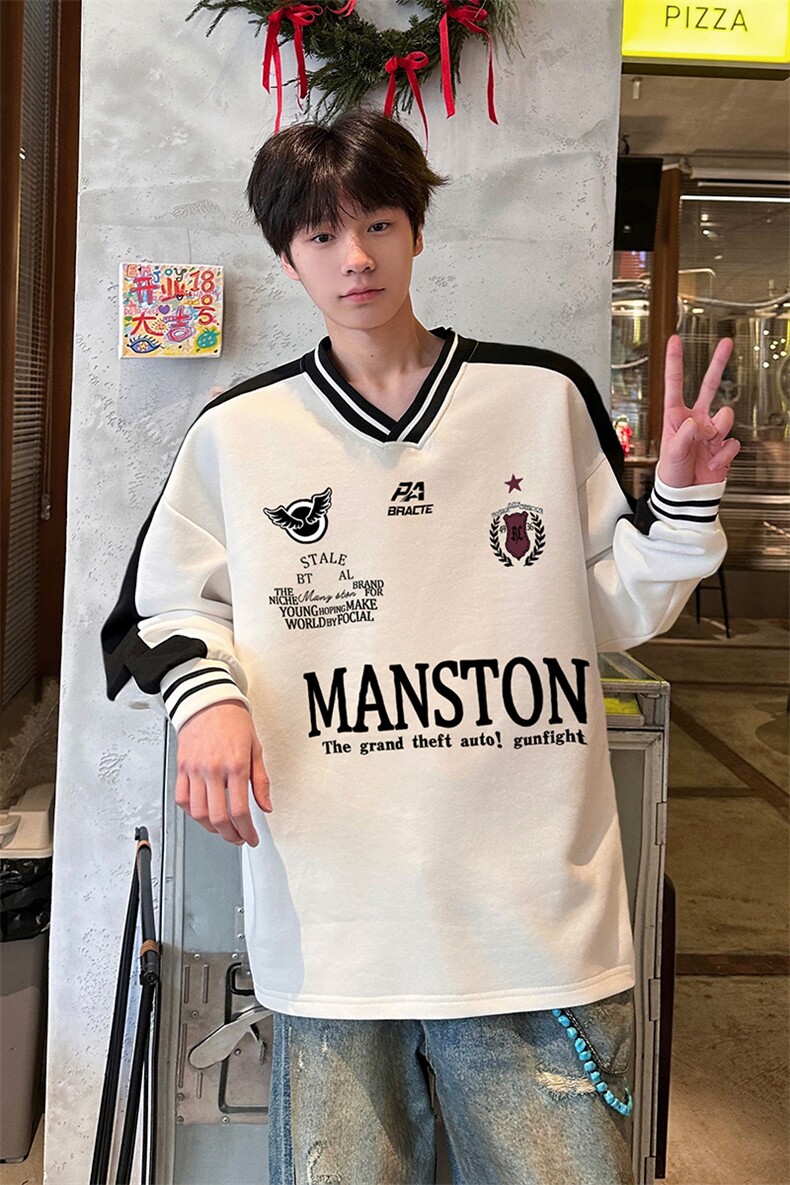 港风文艺复古休闲情侣款卫衣美式潮牌insV领印花卫衣HY727TP45,男装卫衣,电商A102B