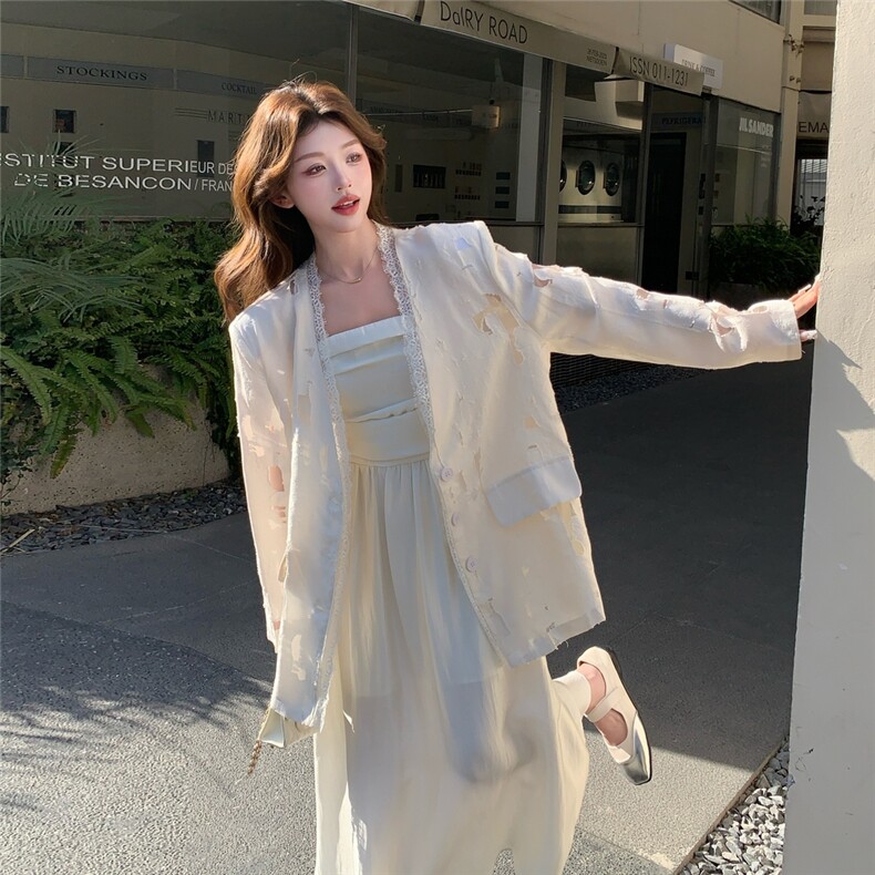 蕾丝花边米白色西装外套女夏2025新款百搭小香风漂亮洋气减龄西服,女装西装,2C273