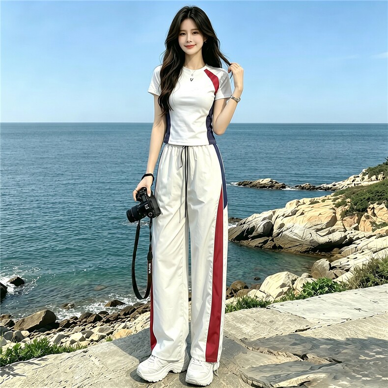 潮流时尚休闲运动套装女夏季新款显瘦竖纹圆领短袖上衣长裤两件套,女装套装/套裙,江南