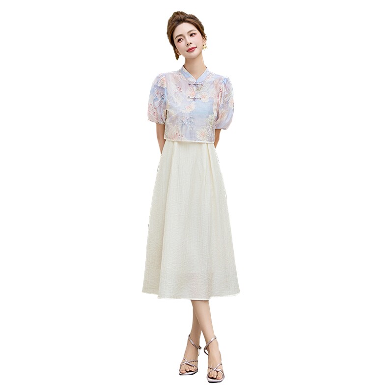 2025夏季改良旗袍连衣裙女夏高级感复古印花年轻款少女修身裙子,女装套装/套裙,丽莎妳雅
