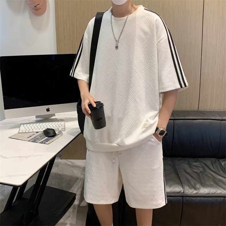 运动套装男韩版潮流条纹拼色2023夏季新款ins短裤两件套W4783-P41,男装休闲套装,星座412-2