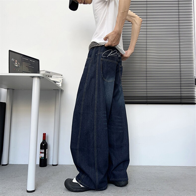 美式vibe复古弯刀廓形牛仔裤男女春夏新款阔腿坠感拖地裤N731-P52,男装牛仔裤,星座308B-1