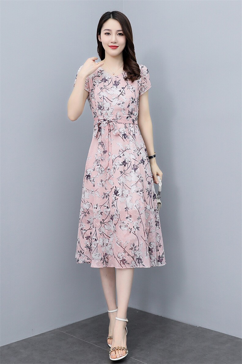 时尚印花雪纺连衣裙女短袖2023夏新款高级感有女人味过膝长裙显瘦,女装连衣裙,牡丹诺