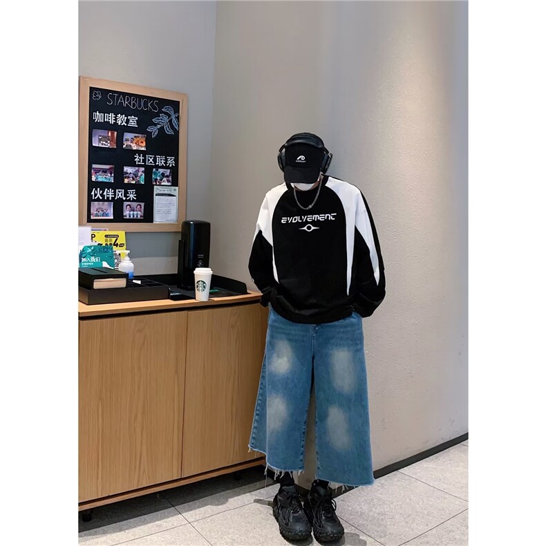 欧美高腰复古宽松牛仔九分裤男夏季新款高街休闲百搭直筒阔腿裤子,男装牛仔裤,星座716-2