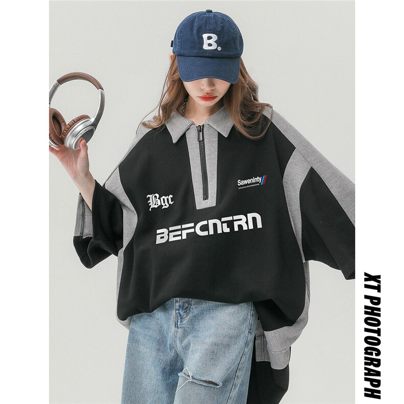 中性23夏季时尚字母印花半拉链翻领重磅短袖T恤DT3201P45控68，男装T恤，A247A