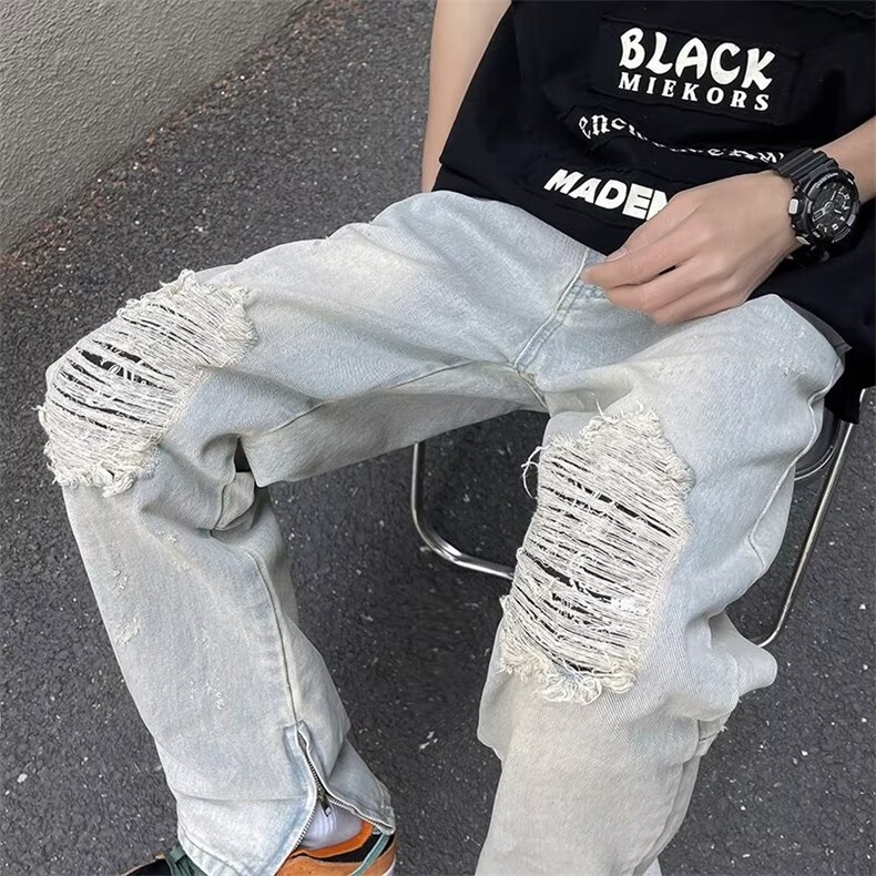 美式vibe裤子高街水洗牛仔裤男设计感破洞补丁小众拉链裤NK710P38,男装牛仔裤,星座1116-2