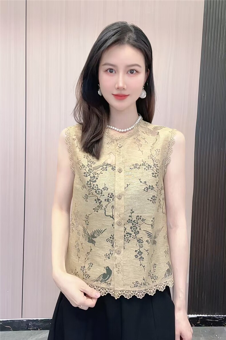新中式蕾丝花边无袖衬衫女夏季新款气质显瘦百搭镂空提花马甲上衣图片