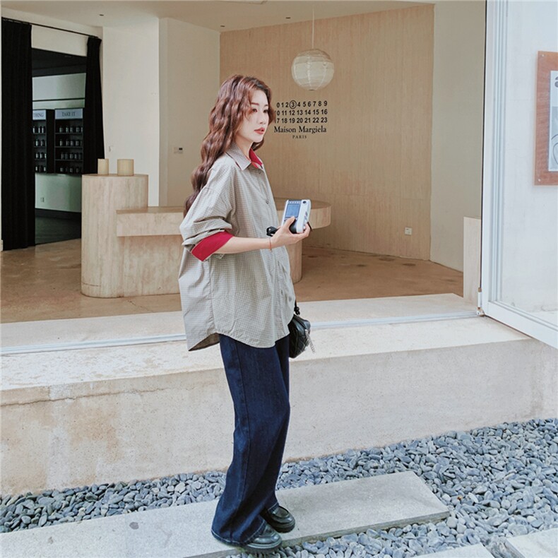 【新款】红袖灰格拼接衬衫2C137-8289-P135-K218,女装衬衫,2C137