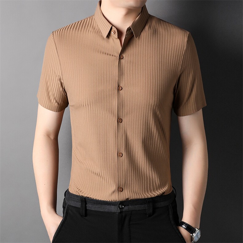 男装中青年翻领带扣衬衫短袖上衣商务休闲宽松男装纯色半袖P58，男装衬衫，钱塘6003A(原)4033A