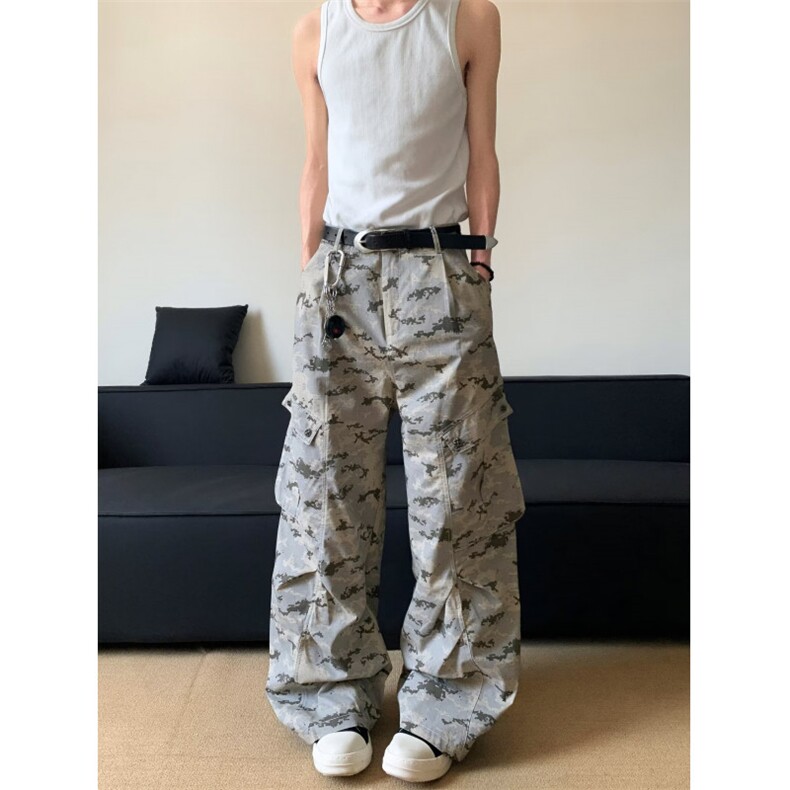 ins流行百搭新款原宿日系简约潮流美式沙漠迷彩褶皱工装裤文艺，男装工装外套，星座601-1