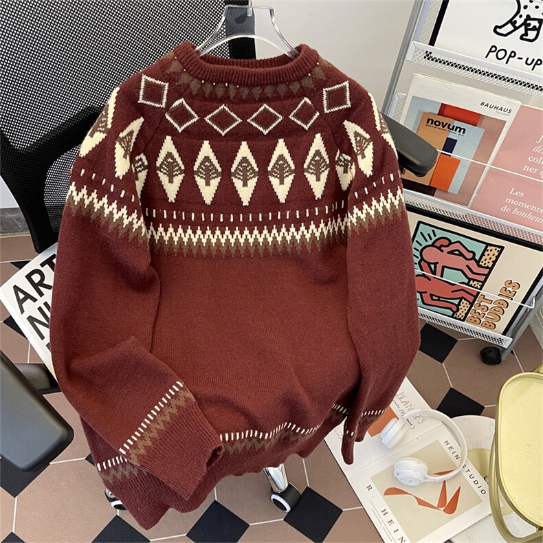 冬季复古圆领提花针织衫新款潮流宽松休闲百搭毛衣,男装针织衫/毛衣,星座410-7