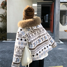 【新品】冰川雪人花纹仿羊羔毛外套2C326-W330-P205-K308，女装棉衣/棉服，2C326