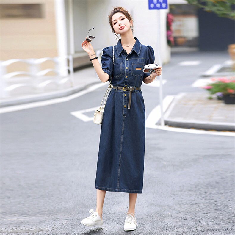 欧货时尚牛仔连衣裙女2024夏季新款修身洋气减龄泡泡袖衬衫中长裙,女装连衣裙,E百度