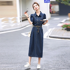 欧货时尚牛仔连衣裙女2024夏季新款修身洋气减龄泡泡袖衬衫中长裙，女装连衣裙，E百度